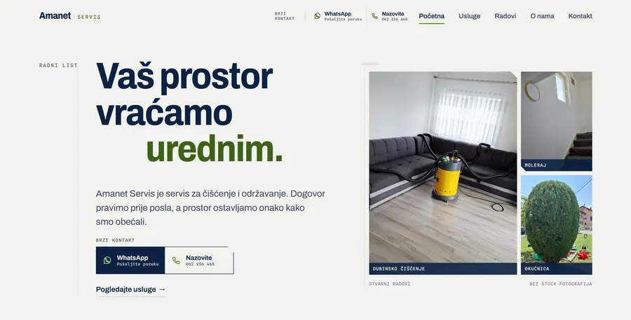 Website Amanet Servis: Titelaussage und Fotos ausgeführter Arbeiten.