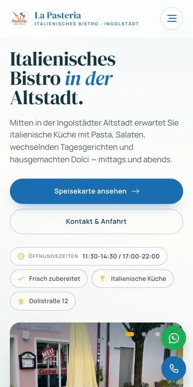 Website La Pasteria am Handy: Titel, Beschreibung und Knopf zur Speisekarte.
