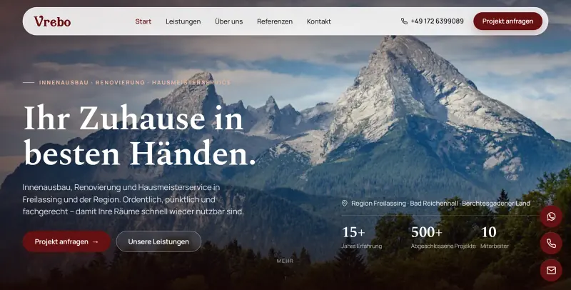Website Vrebo Bau: Titelfoto, Leistungsübersicht und Kontakt.